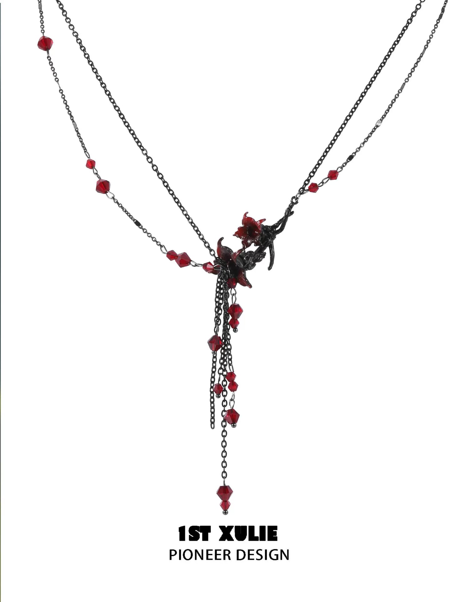 Blood mandala tassel necklace featuring dark chains and red crystal accents for a chic look