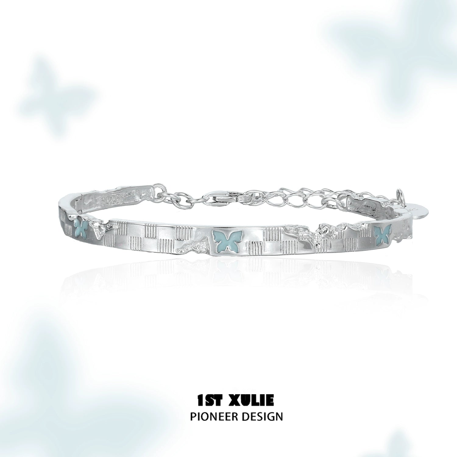 Blue butterfly silver bracelet featuring intricate butterfly designs and a polished finish