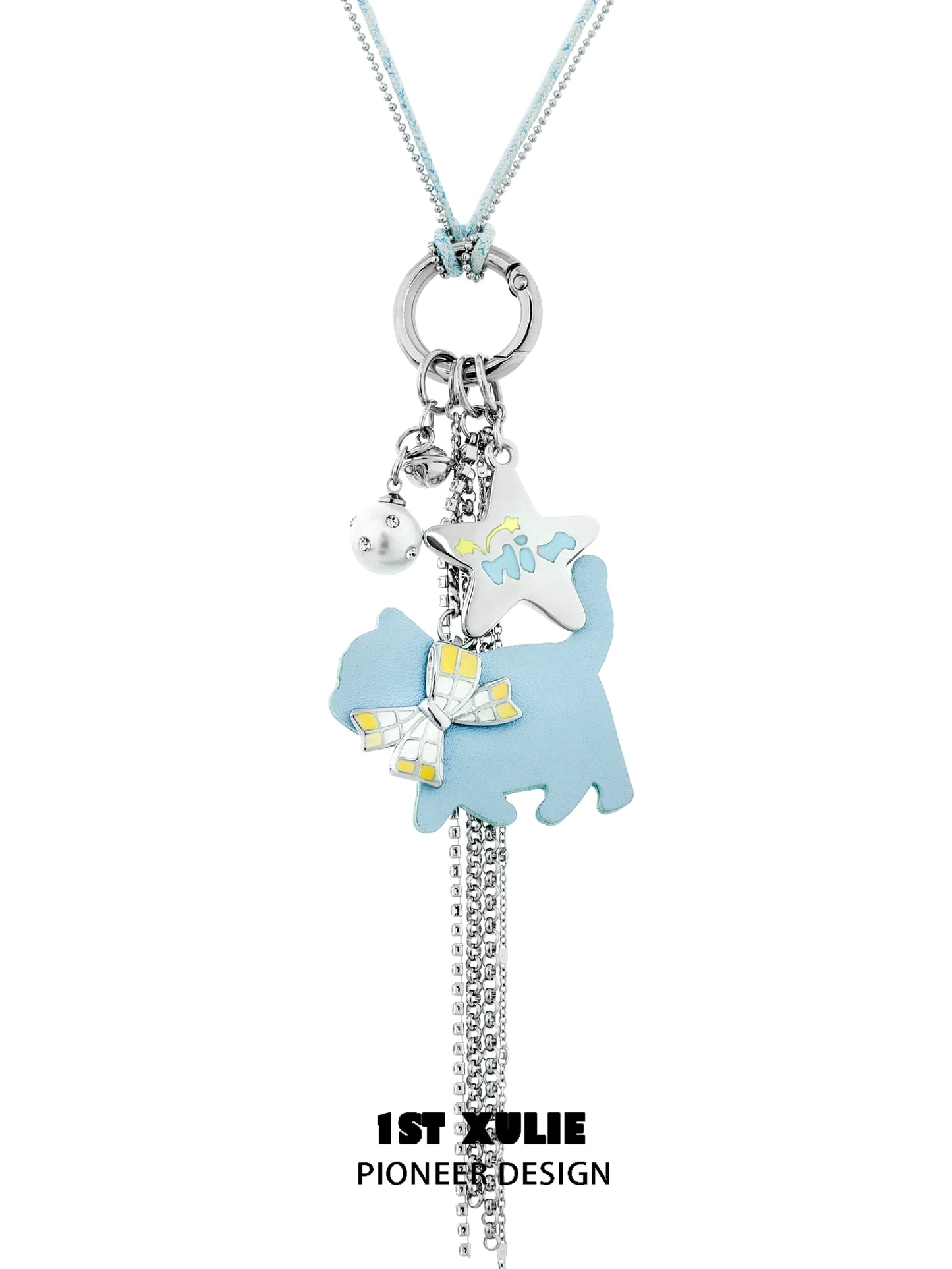 Charming blue cat keychain necklace featuring playful designs and a unique charm