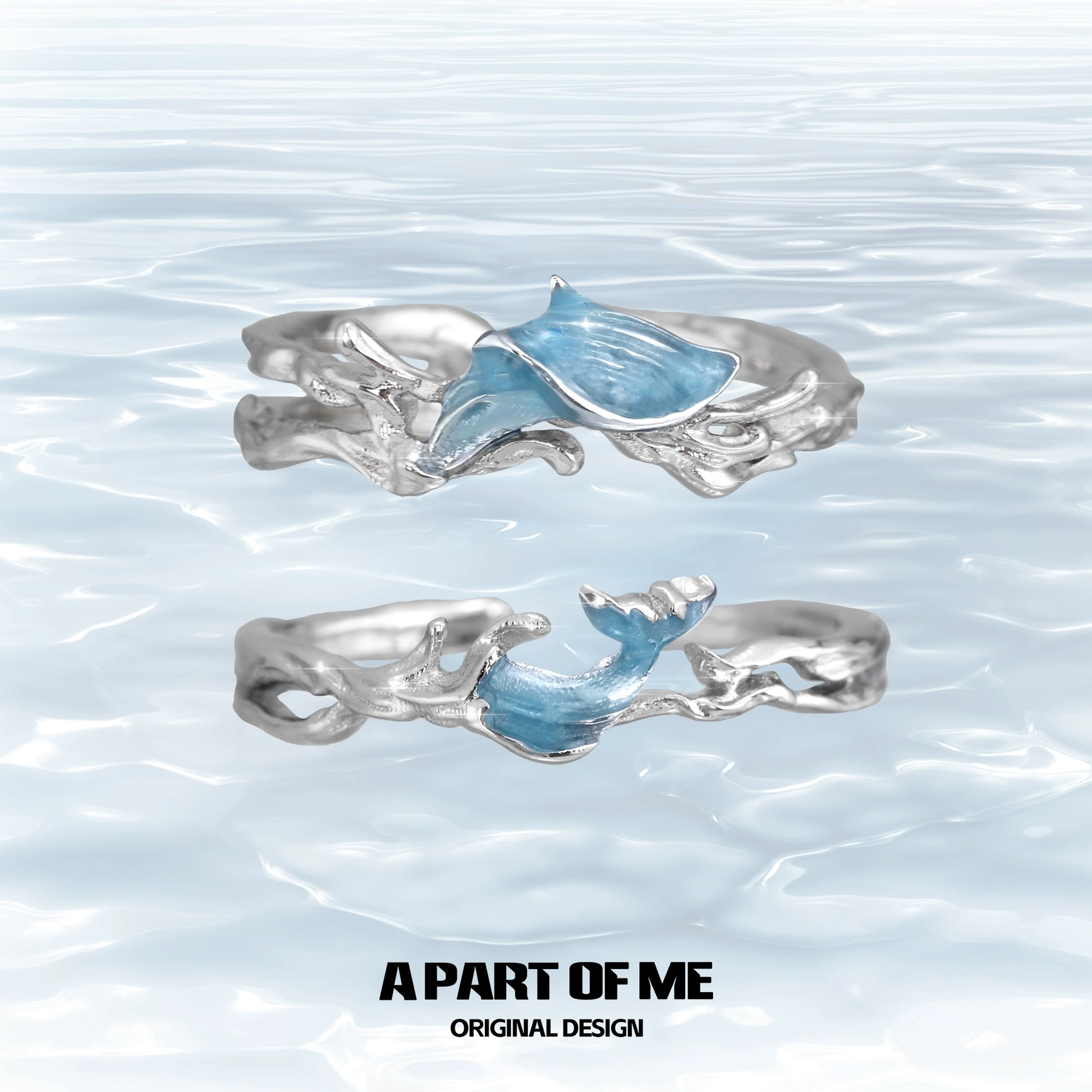 A PART OF ME blue fishtail couple rings designed with ocean-inspired details