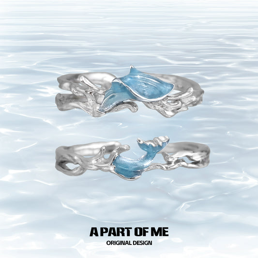 A PART OF ME blue fishtail couple rings designed with ocean-inspired details