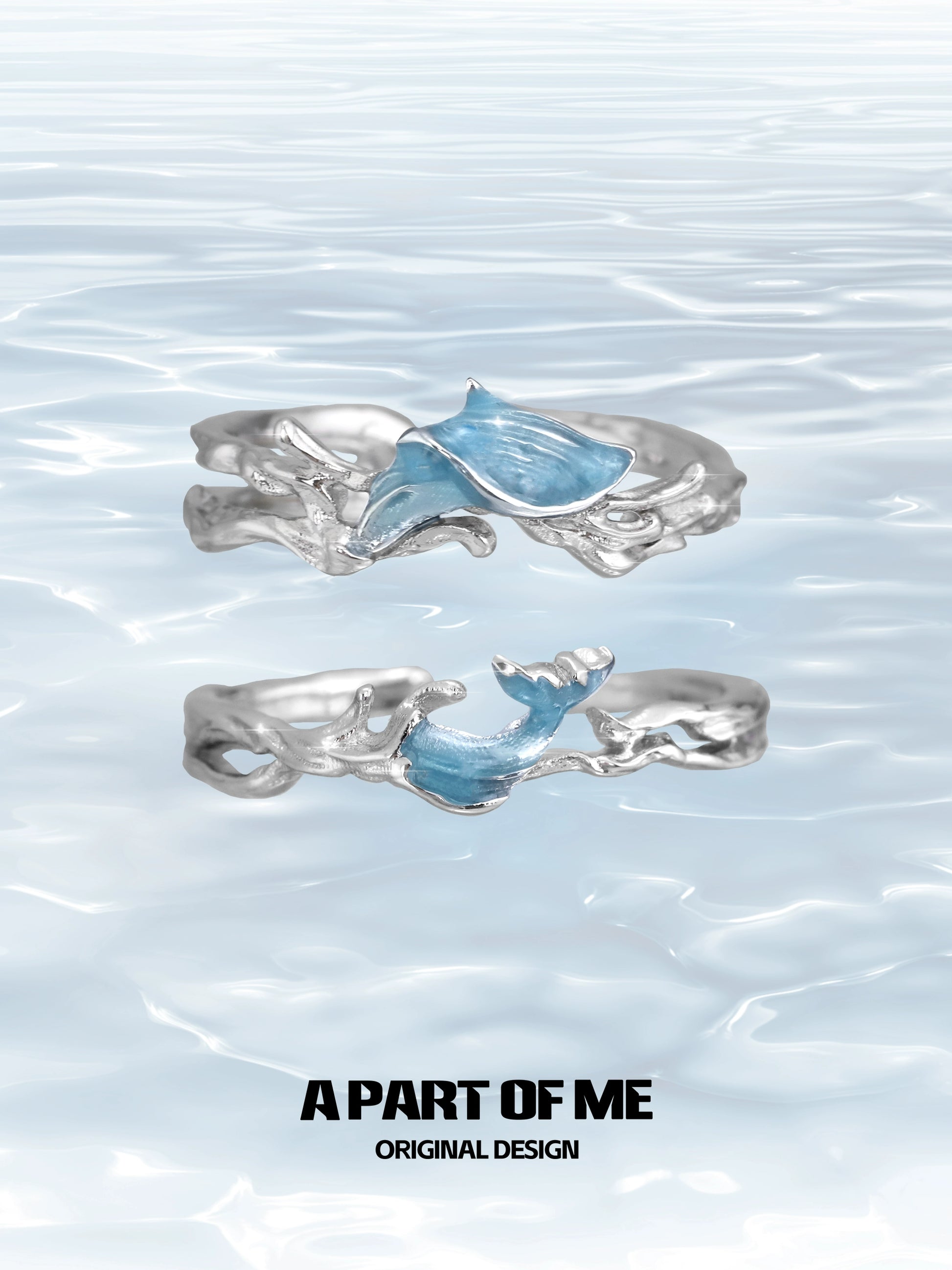 A PART OF ME blue fishtail couple rings with intricate silver design and ocean-inspired accents