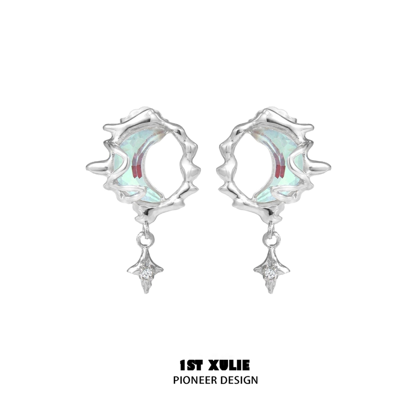 Stylish blue moon silver earrings with intricate design and sparkling details