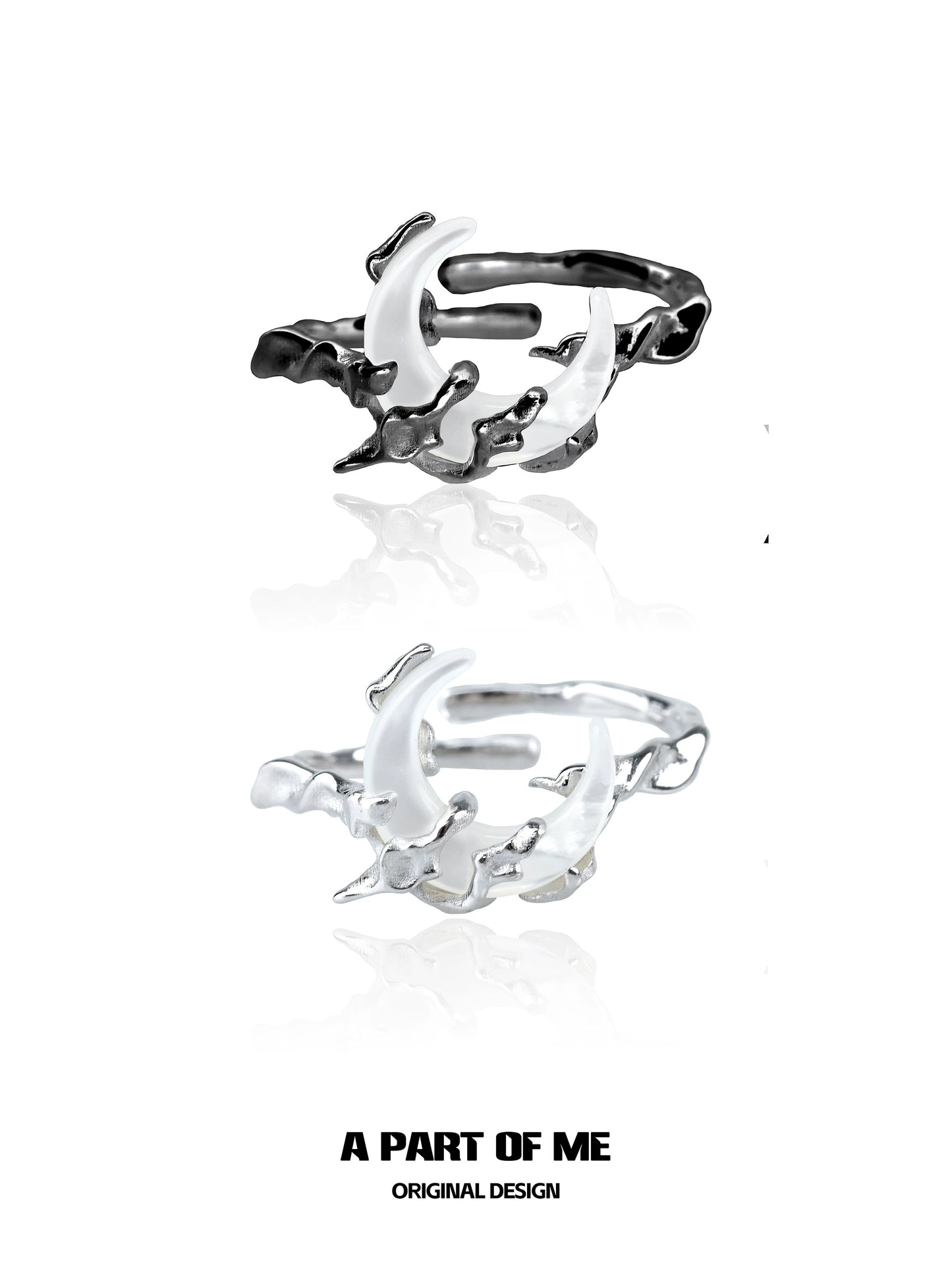 Bone orchid moon ring in silver and black with a unique organic design by A PART OF ME