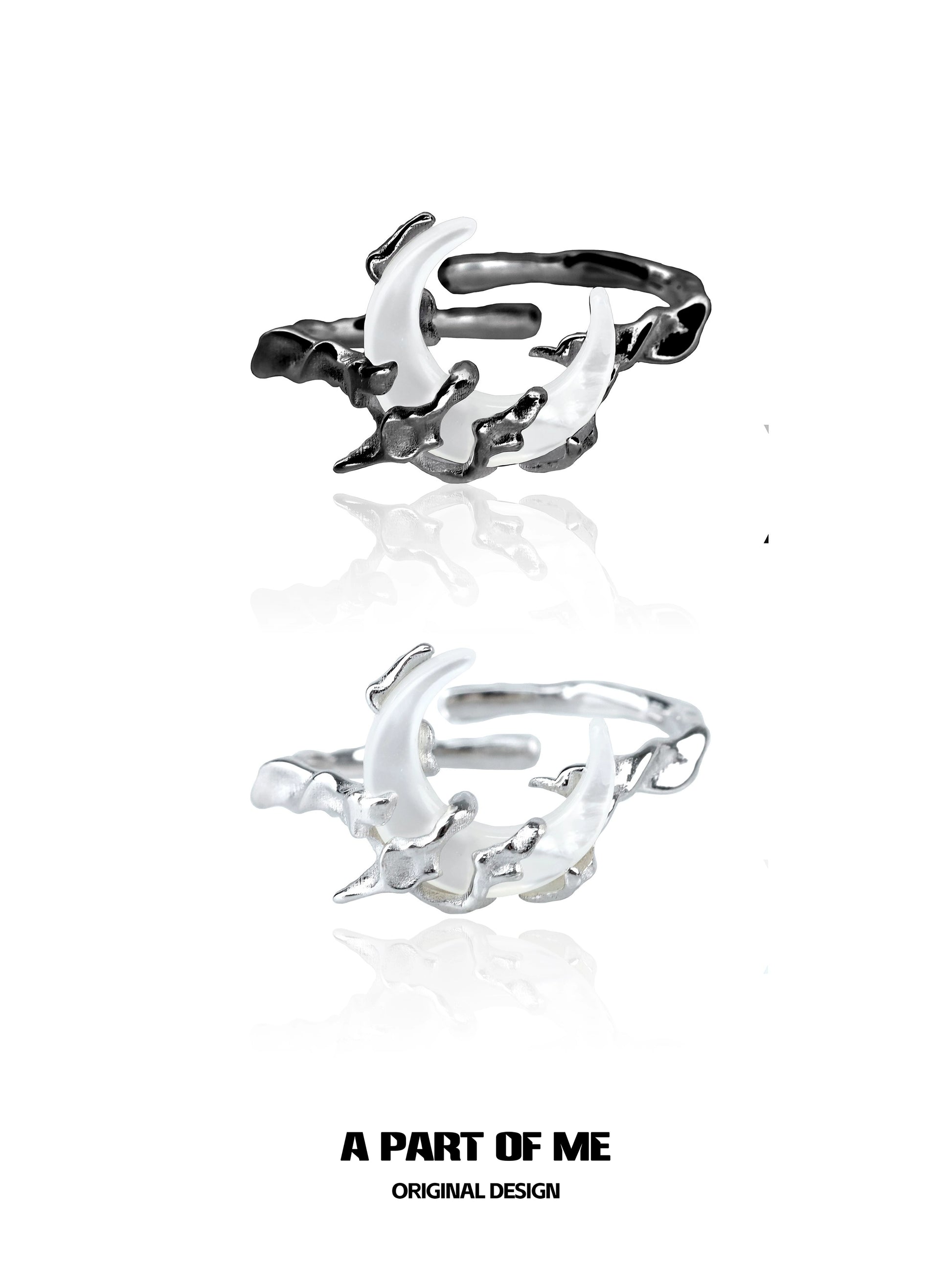 Bone orchid moon ring in silver and black with a unique organic design by A PART OF ME