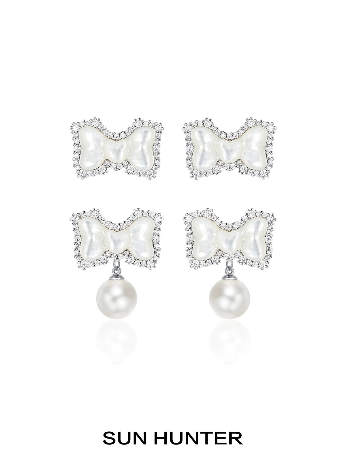 SUN HUNTER bow pearl earrings featuring a elegant bow design adorned with sparkling crystals