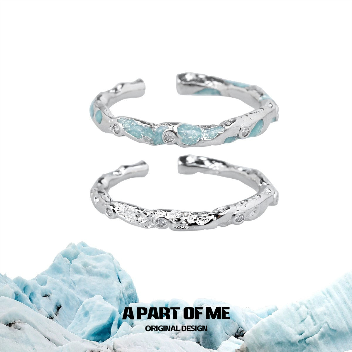 A PART OF ME broken starry sky ring with a textured silver design and blue gemstone accents