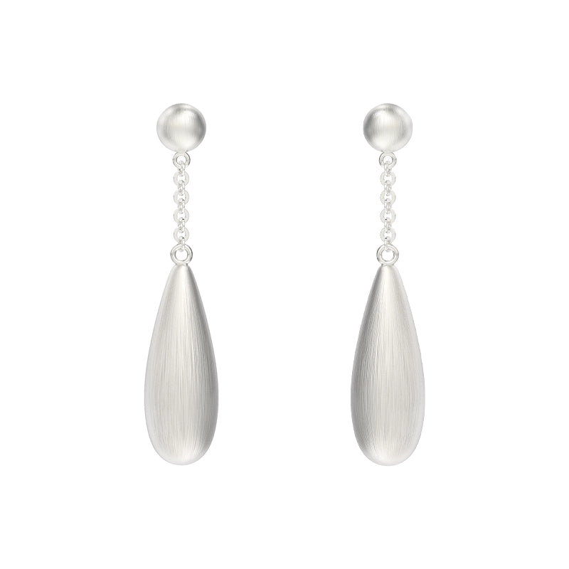 Elegant brushed teardrop earrings by SUN HUNTER with sleek silver finish and hanging design