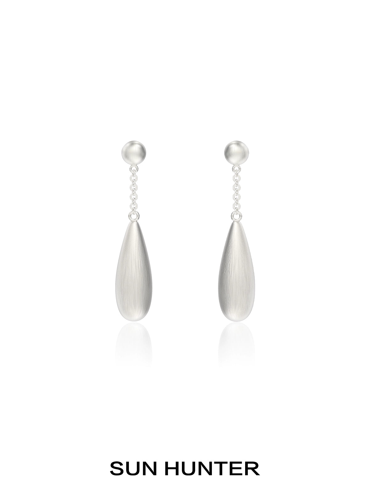 Elegant SUN HUNTER brushed teardrop earrings with silver finishes and classic design