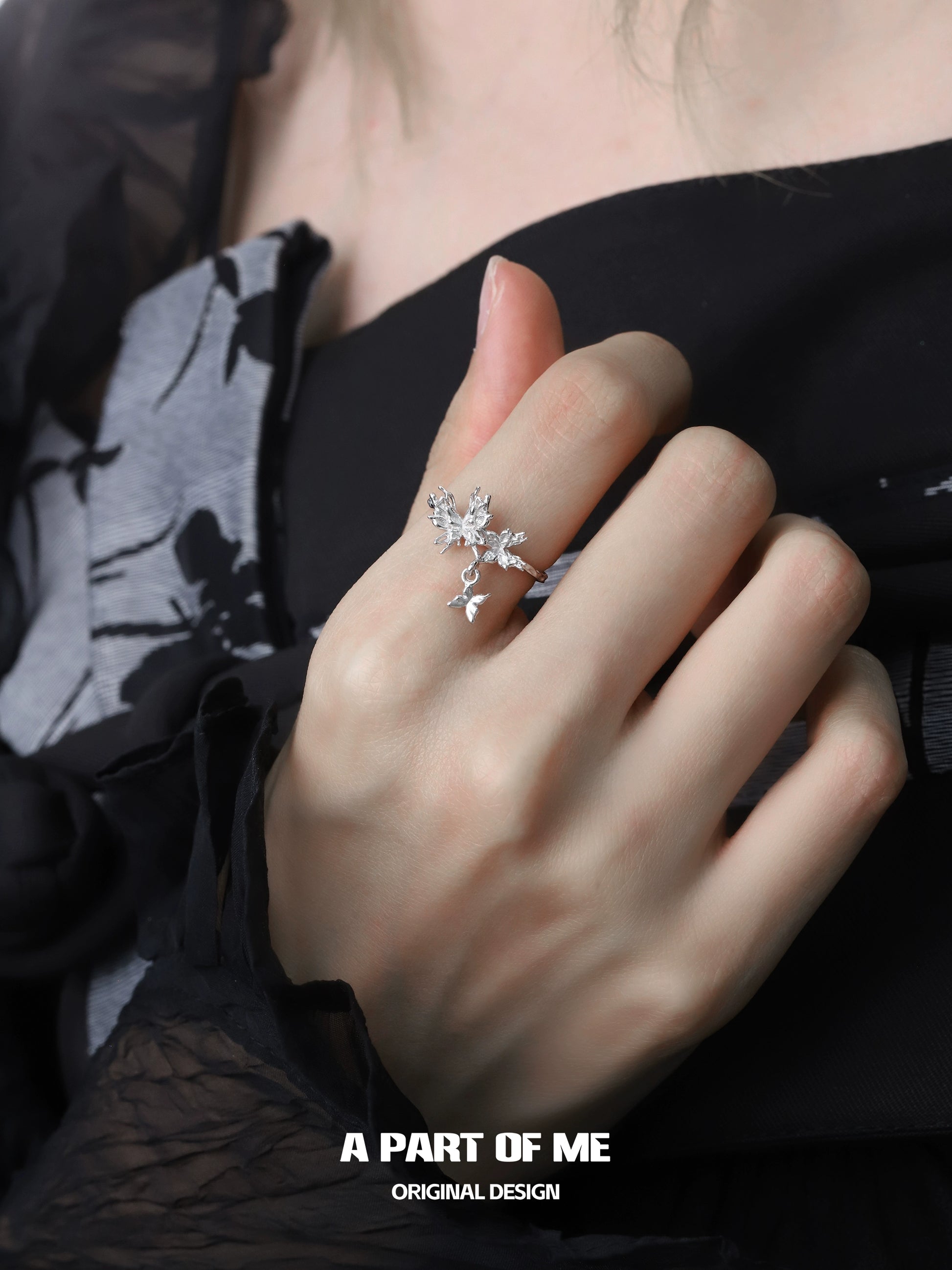 Delicate A PART OF ME butterfly charm silver ring featuring intricate floral designs for a stylish touch