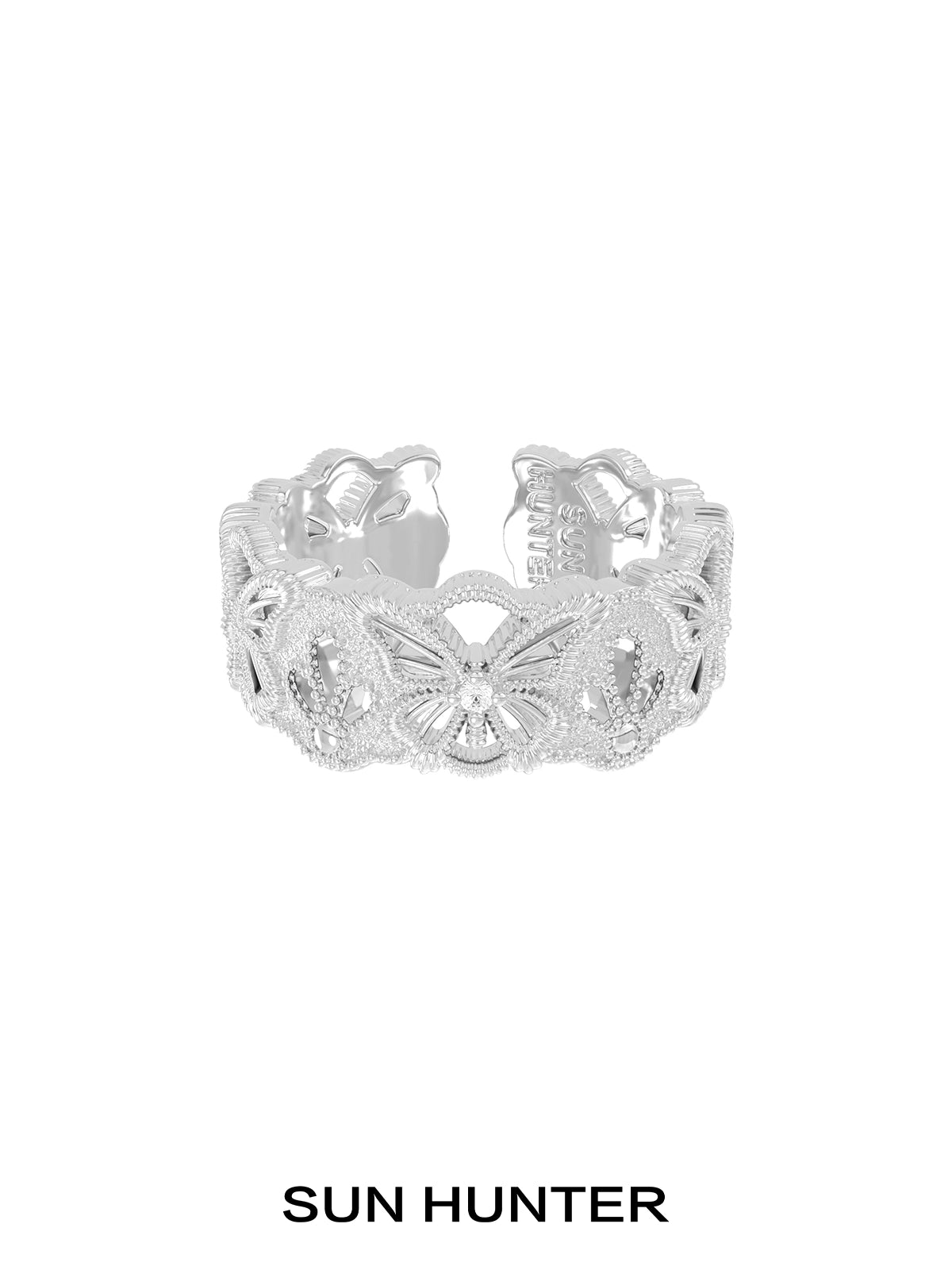 Elegant silver butterfly hollow ring by SUN HUNTER with intricate lace design