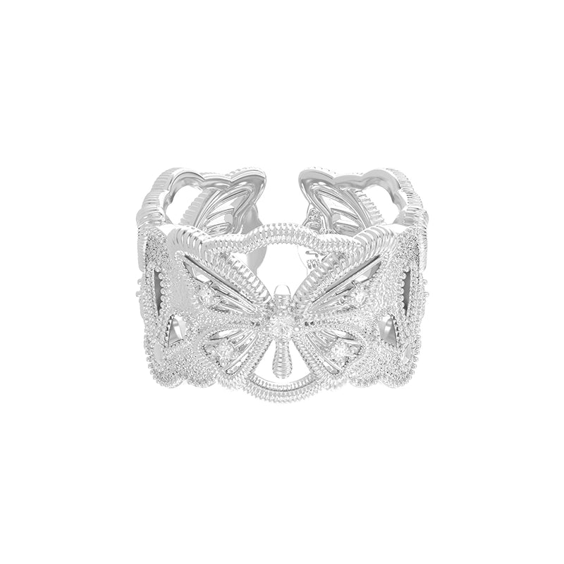Elegant silver butterfly hollow ring featuring intricate beadwork and a unique design