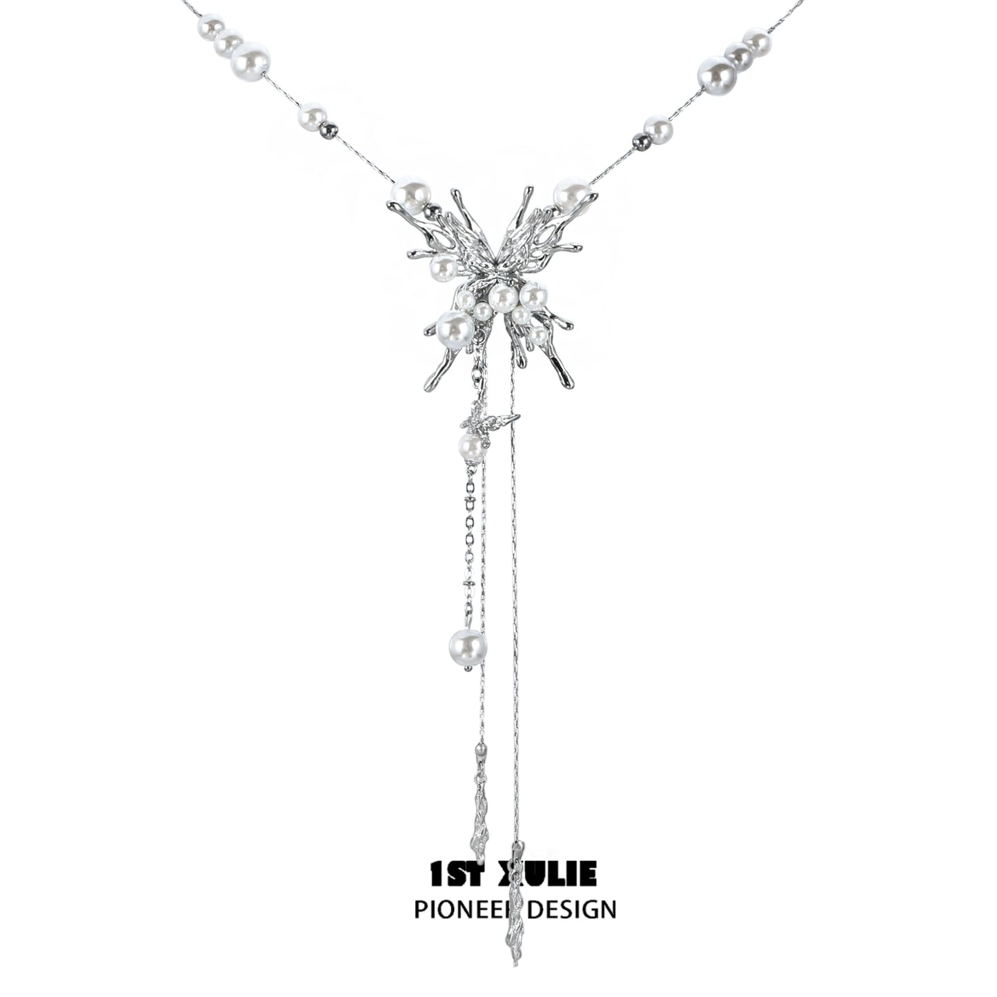 Elegant silver butterfly pendant necklace with pearl accents for a stylish look