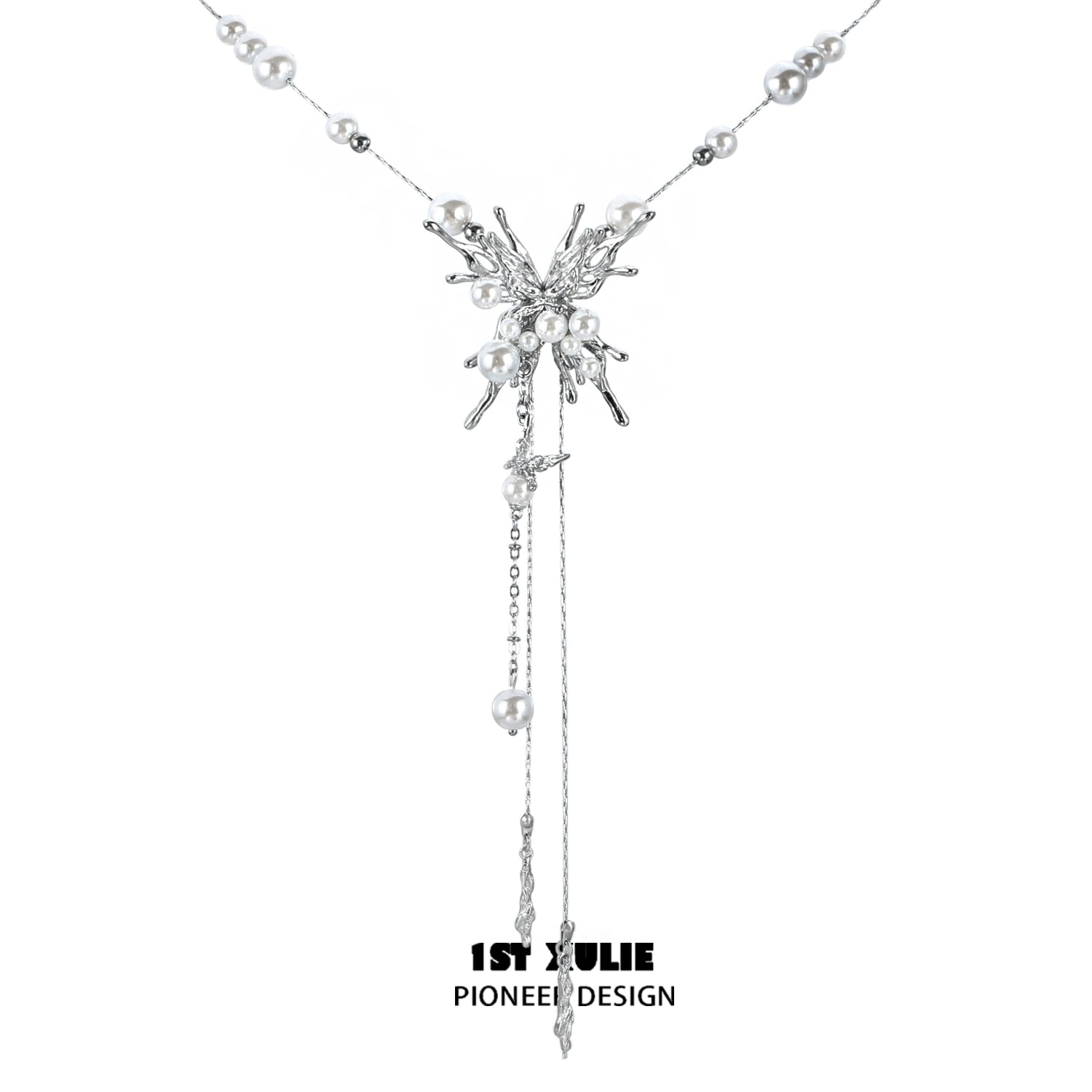 Elegant silver butterfly pendant necklace with pearl accents for a stylish look