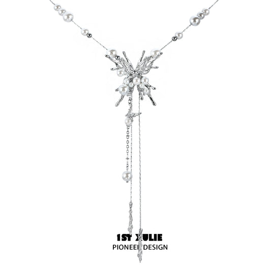 Elegant silver butterfly pendant necklace with pearl accents for a stylish look