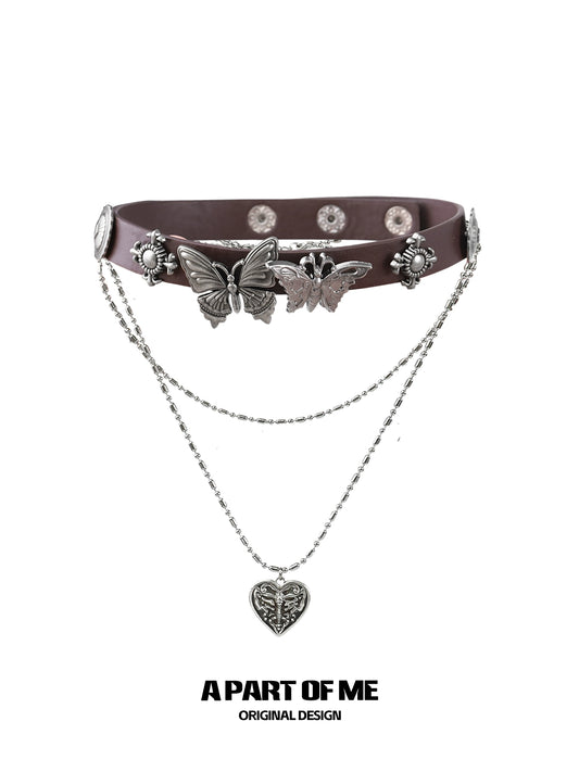 A PART OF ME butterfly punk necklace with silver butterflies and heart pendant on a leather strap