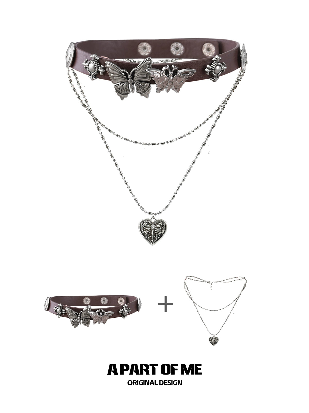 A PART OF ME butterfly punk necklace with silver butterflies and a heart pendant on a stylish chain
