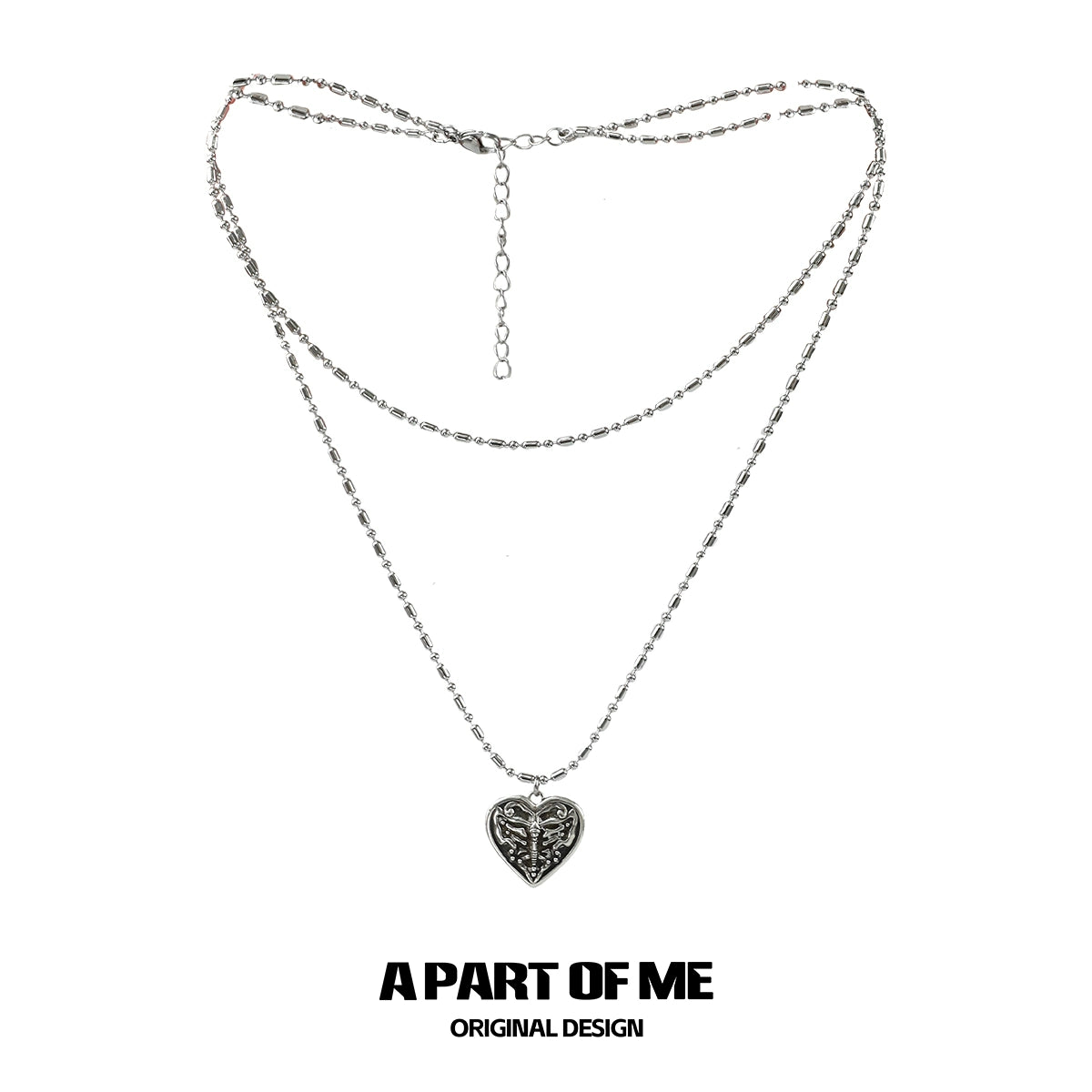 Butterfly punk necklace with layered silver chains and a heart pendant for edgy style