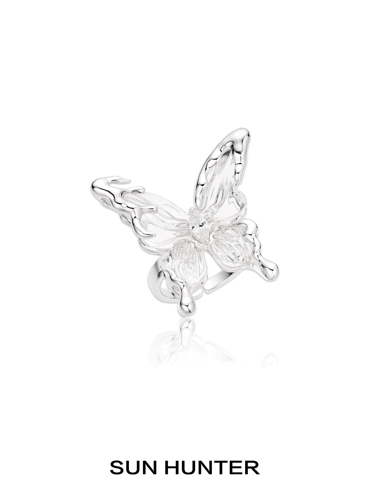 Elegant silver butterfly ring for women, featuring detailed wings and a sparkling center gemstone