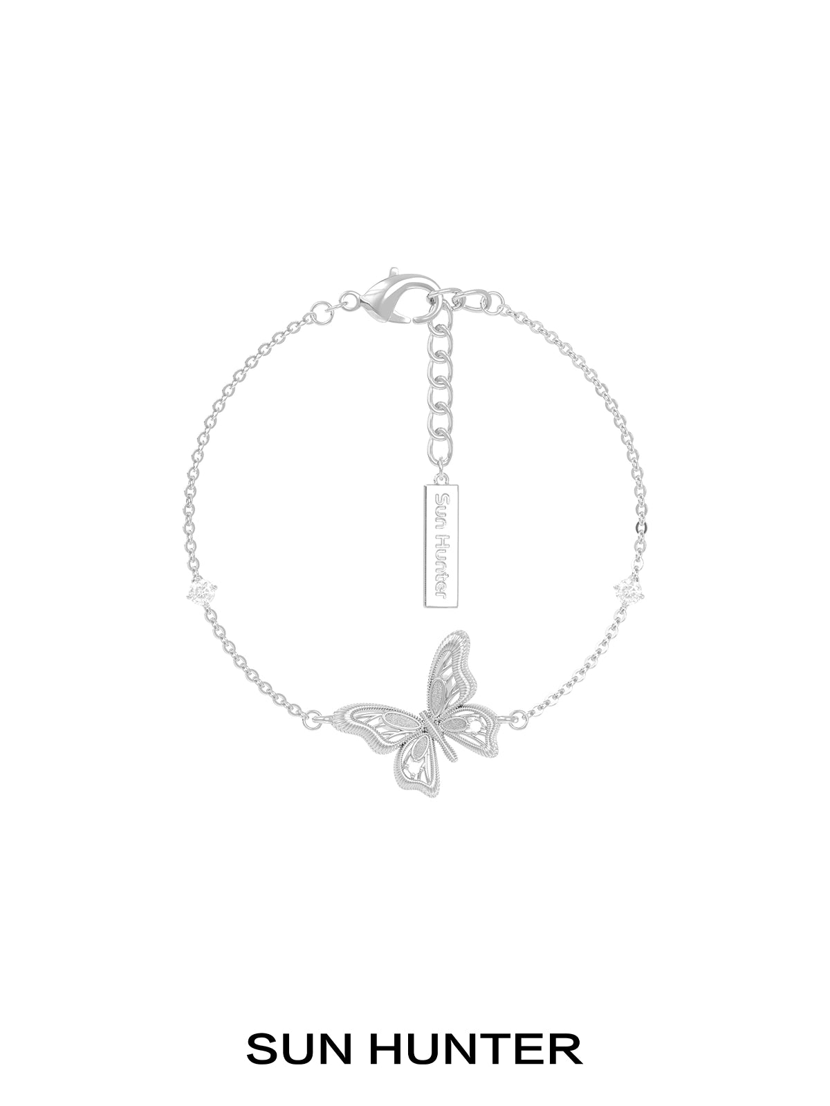 SUN HUNTER butterfly silver bracelet with a delicate butterfly charm and adjustable clasp