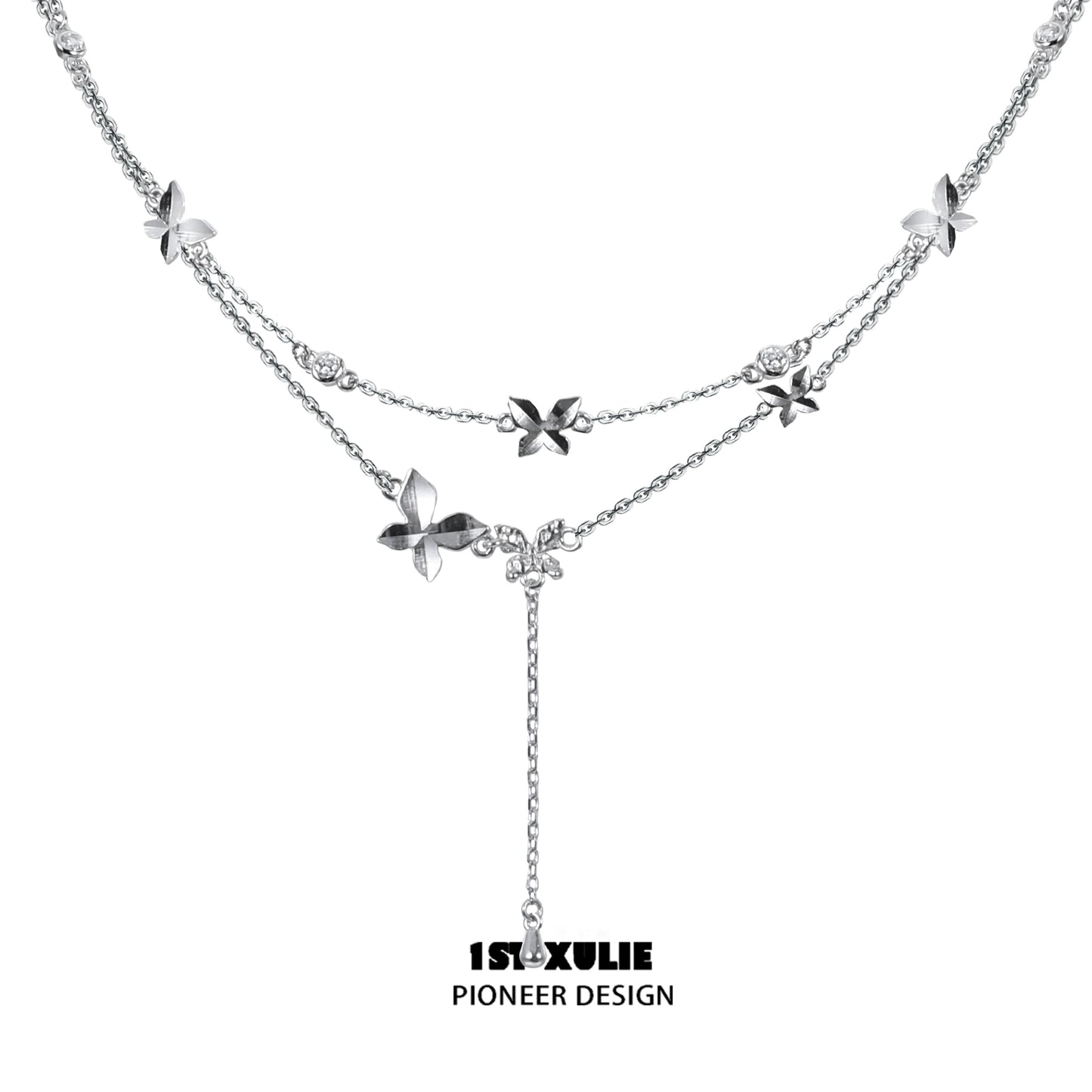 Elegant butterfly silver necklace featuring intricate floral designs and adjustable length