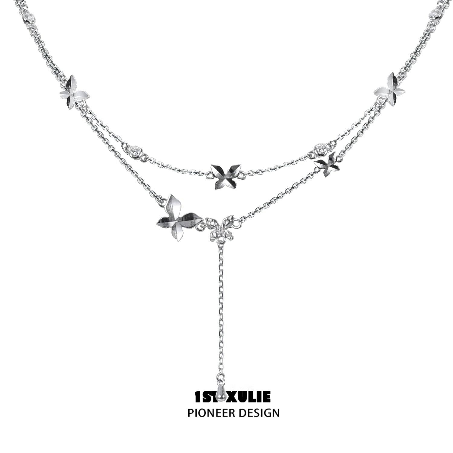 Elegant butterfly silver necklace featuring intricate floral designs and adjustable length