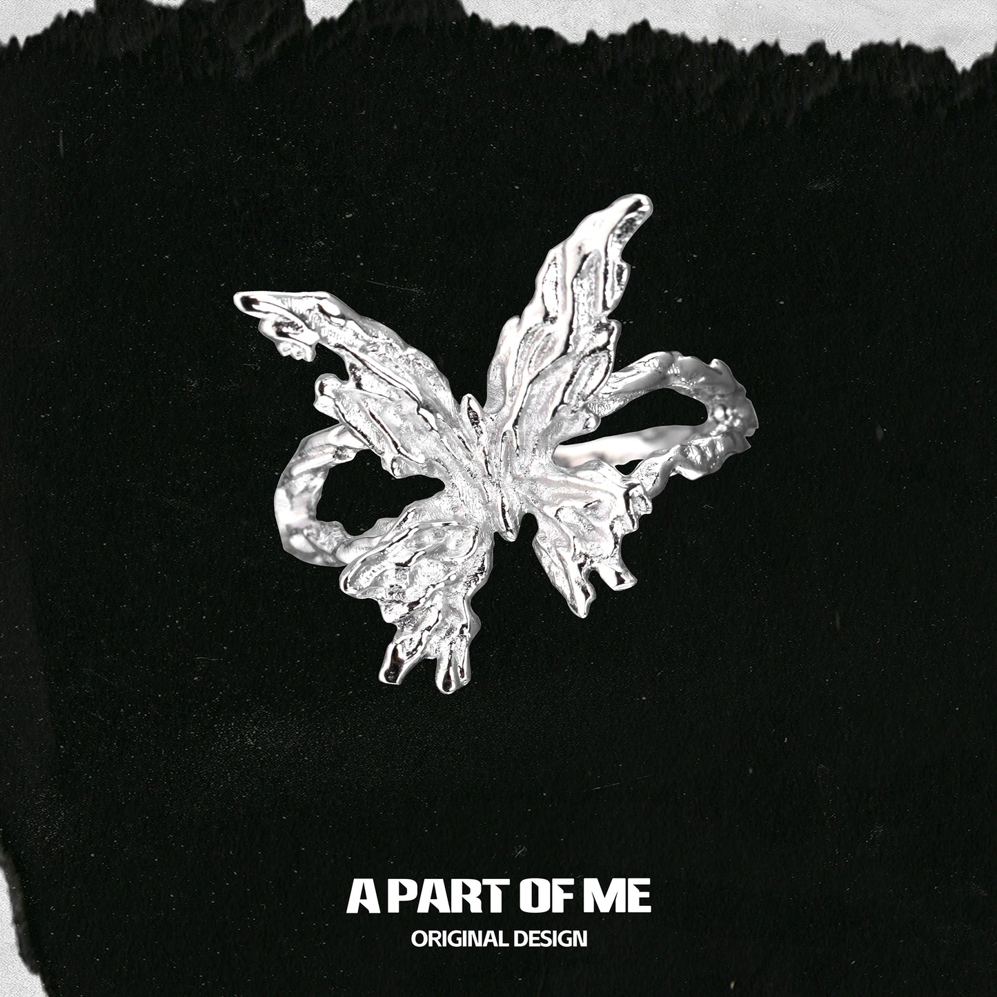 A Part of Me butterfly silver ring featuring an artistic and detailed butterfly design