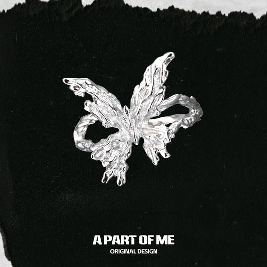 A Part of Me butterfly silver ring featuring an artistic and detailed butterfly design