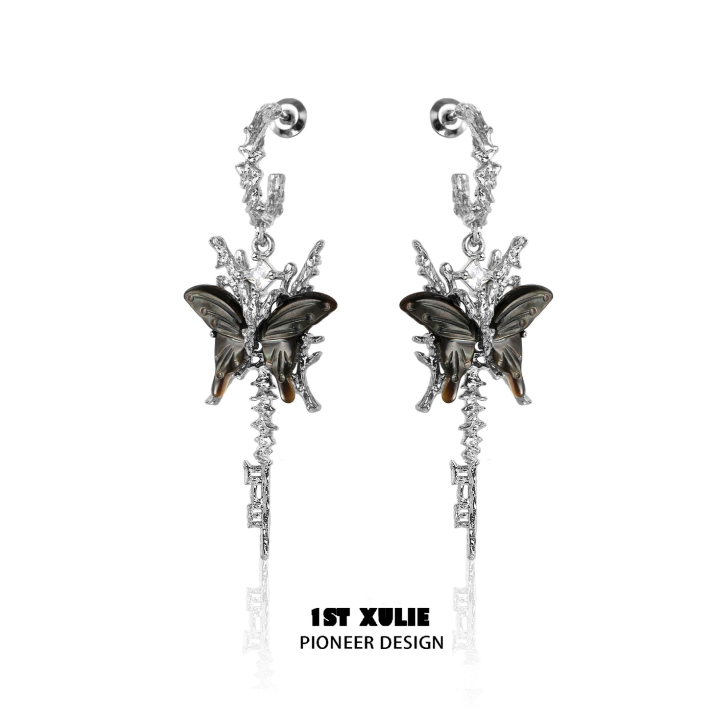 Elegant butterfly tassel shell earrings in silver with intricate design and butterfly accents