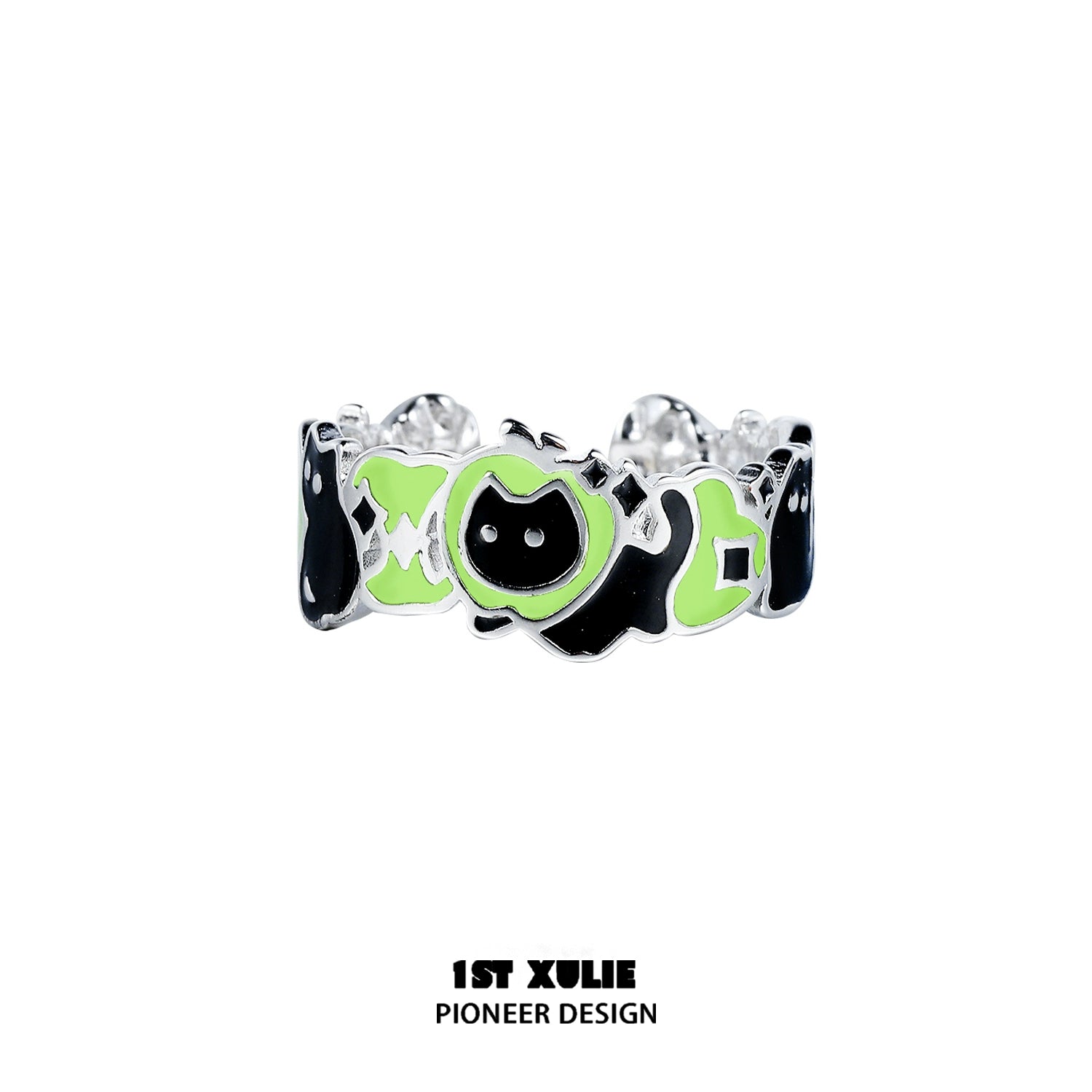 Unique cat and dog silver ring featuring playful designs in green and black for pet lovers