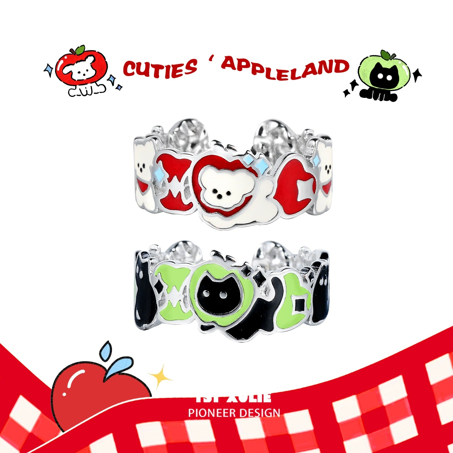 Colorful cat and dog silver ring featuring cute cartoon designs for pet lovers