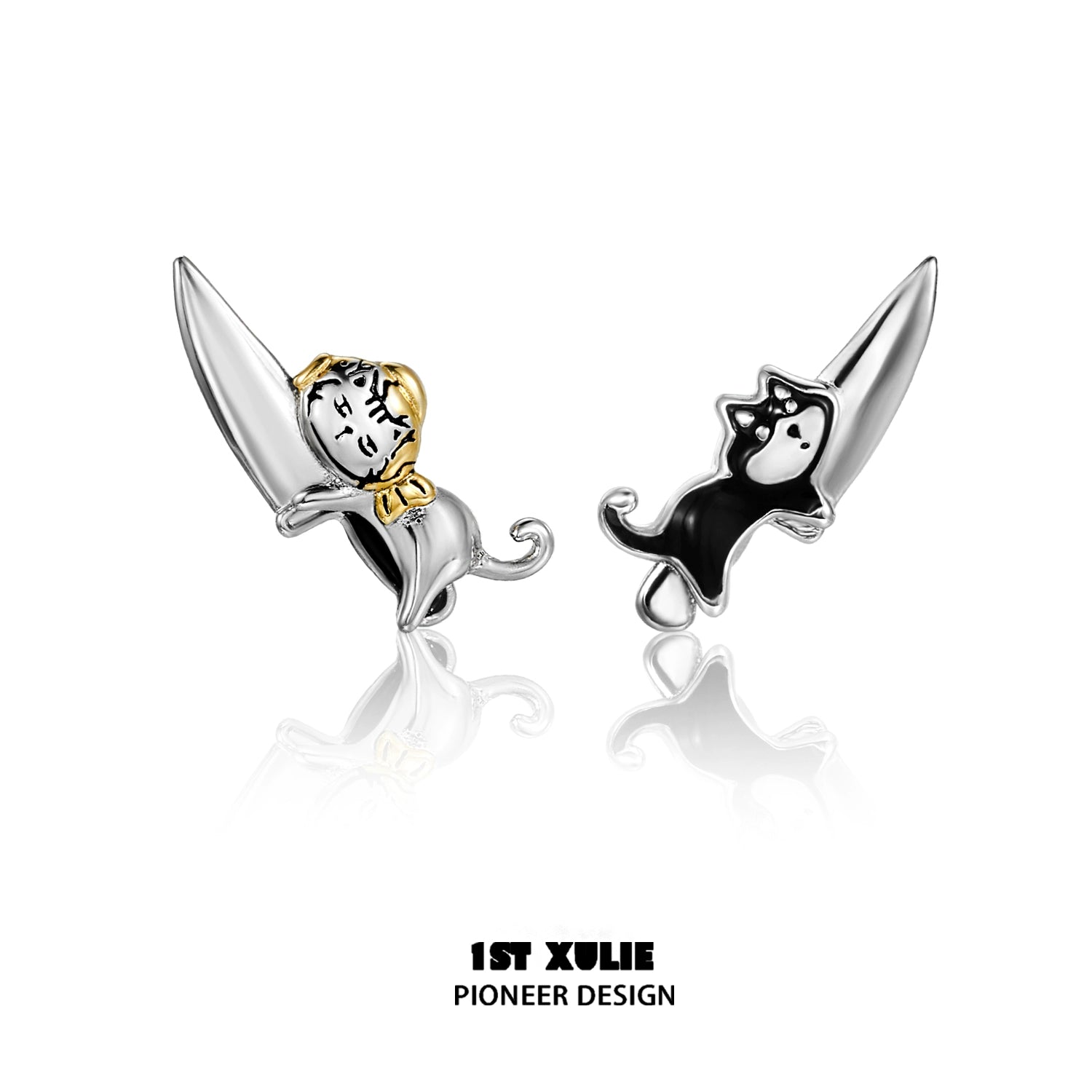 Whimsical cat and dog stud earrings in silver featuring playful designs for animal lovers