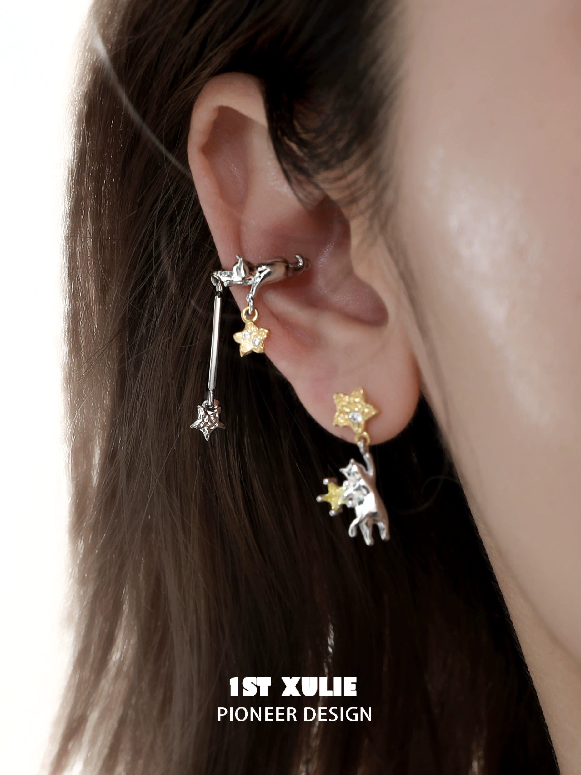 Adorable cat ear cuffs with star charms by 1ST XULIE for a trendy accessory look