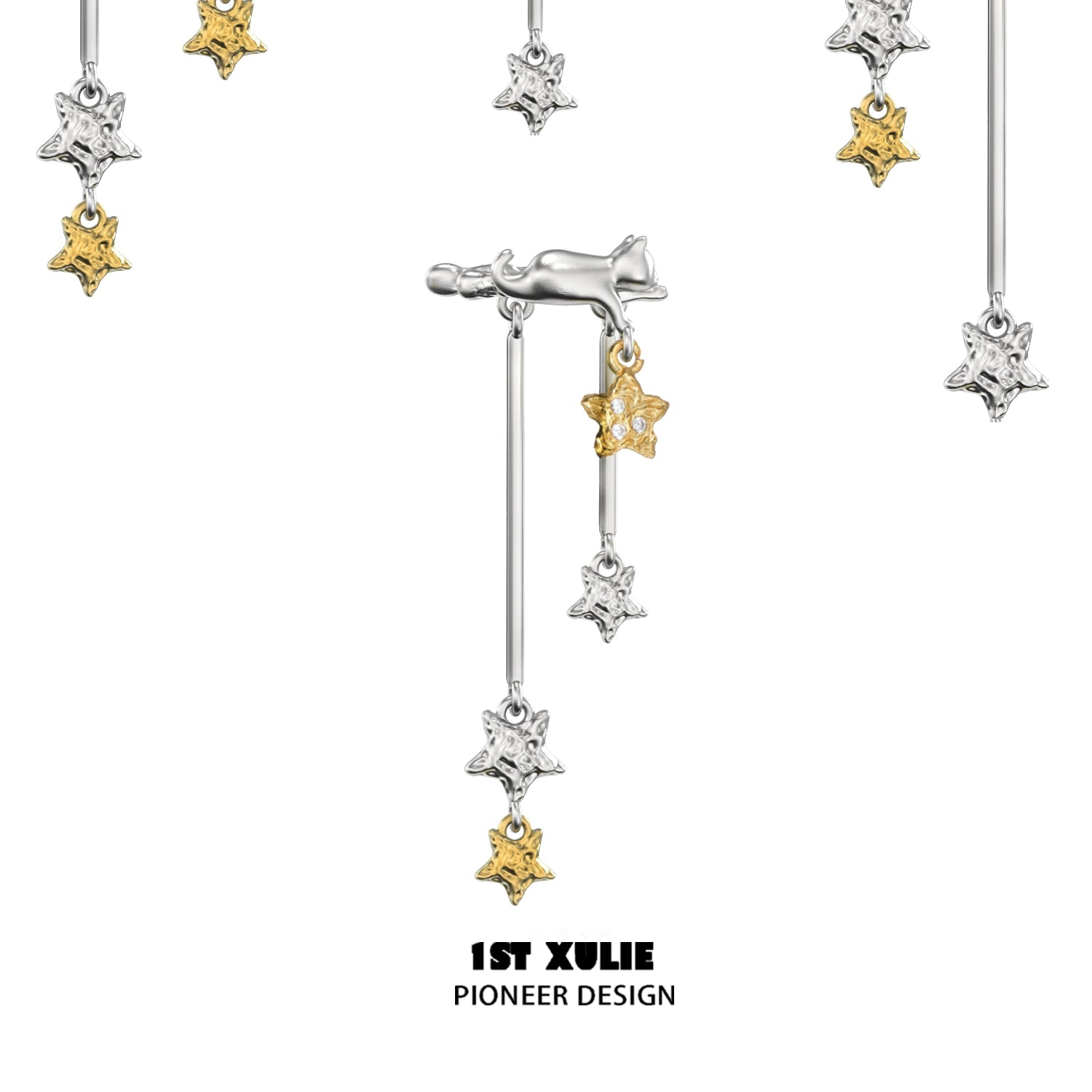 Silver and gold star-themed cat ear cuffs by 1STXULIE for stylish cat lovers