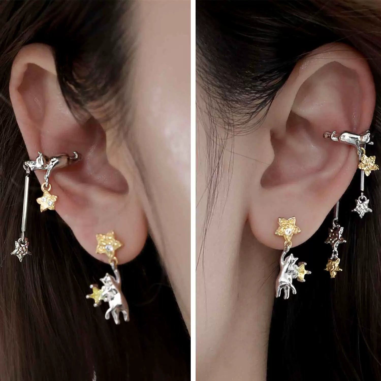 Stylish cat ear cuffs featuring star and cat designs in silver and gold tones