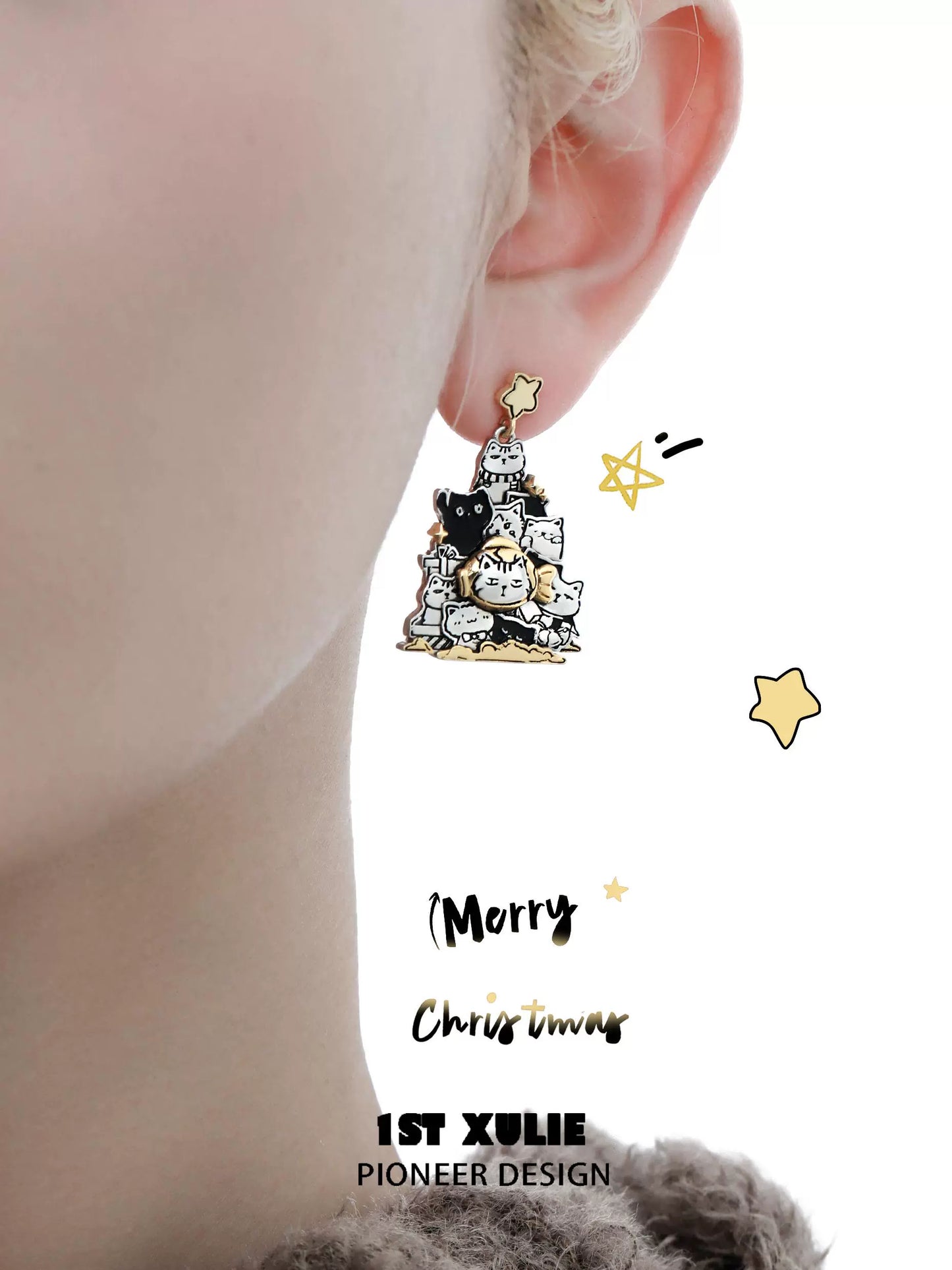 Cute cat family silver stud earrings featuring multiple playful cats stacked together