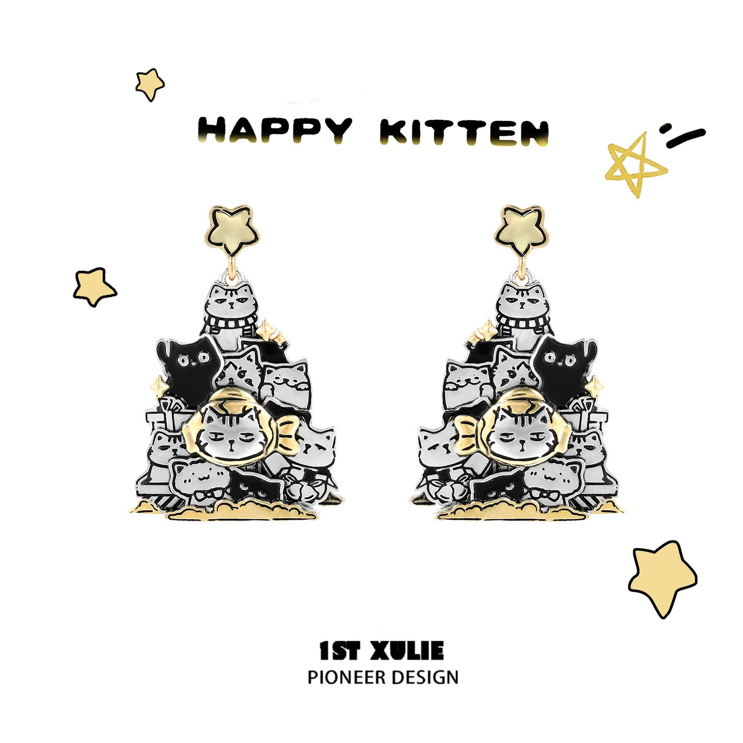 Happy kitten design featuring cat family silver stud earrings in a playful, colorful style