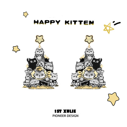Happy kitten design featuring cat family silver stud earrings in a playful, colorful style