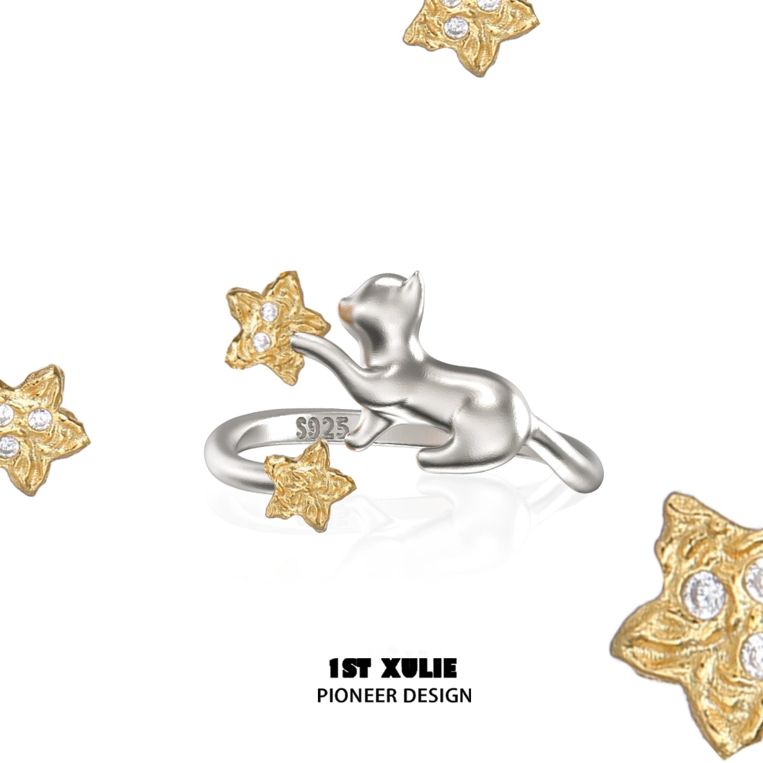 1ST XULIE Cat Silver Ring with Gold Star Accent and Sparkling Gem for Cat Lovers