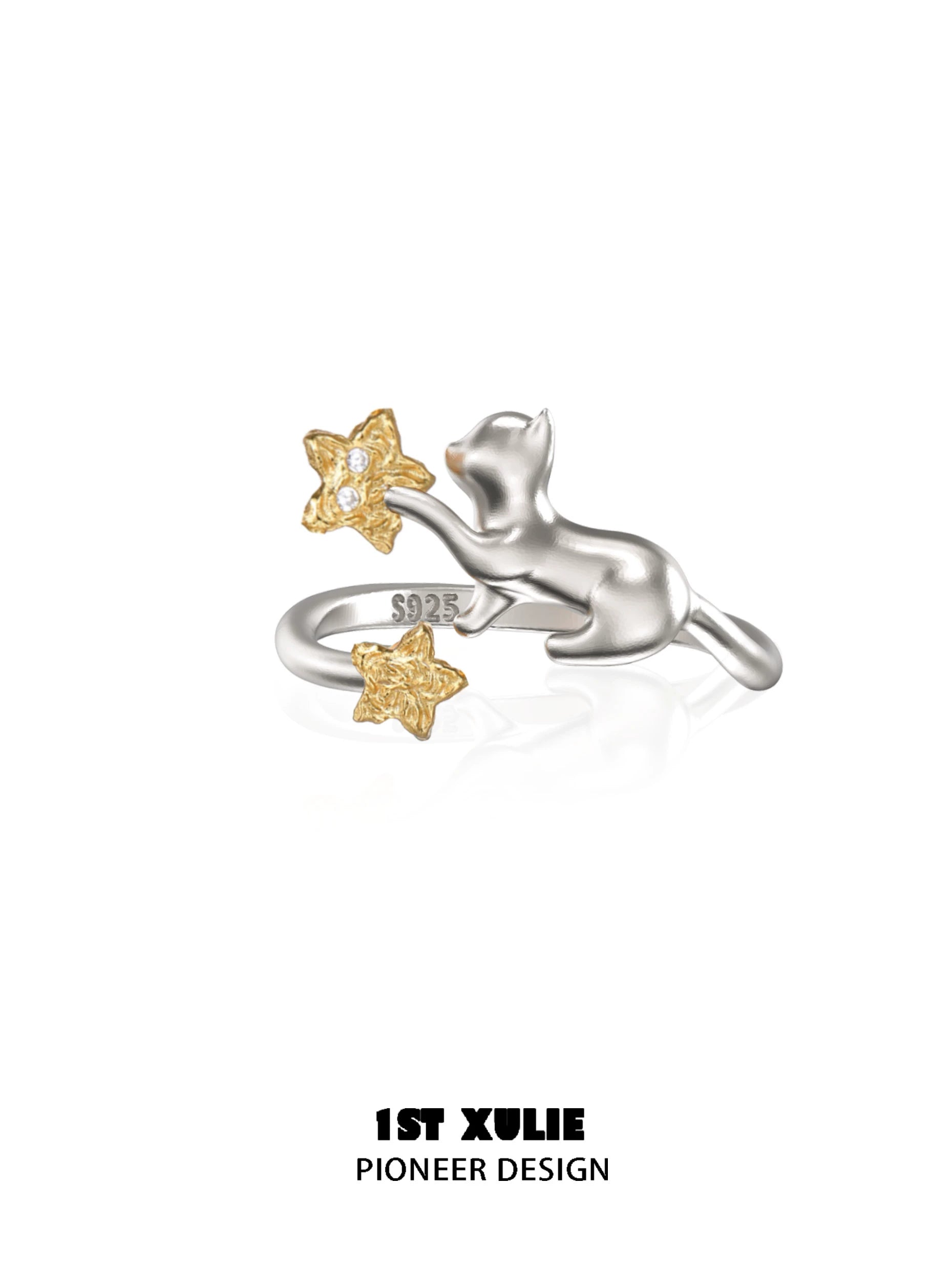 Cat silver ring featuring a playful cat design with gold star accents and detailed craftsmanship