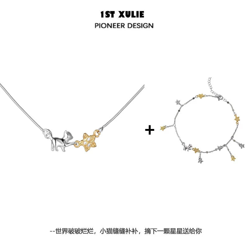1STXULIE Cat Star Clavicle Necklace featuring a cat charm and a star pendant for a chic look