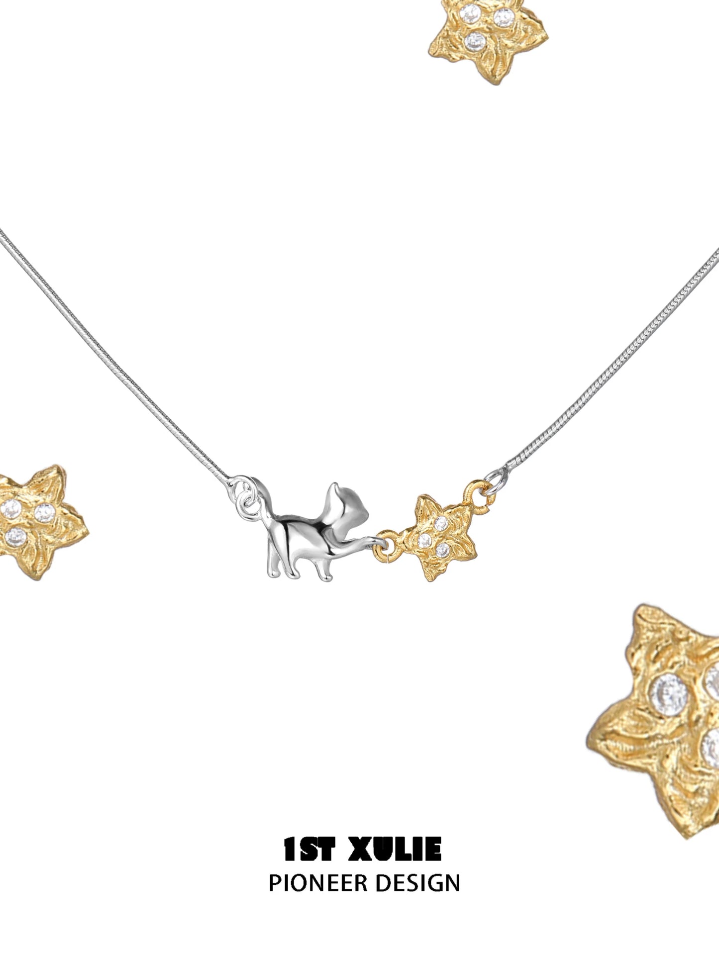 1STXULIE Cat Star Clavicle Necklace with Silver Cat and Gold Stars for a Unique Look