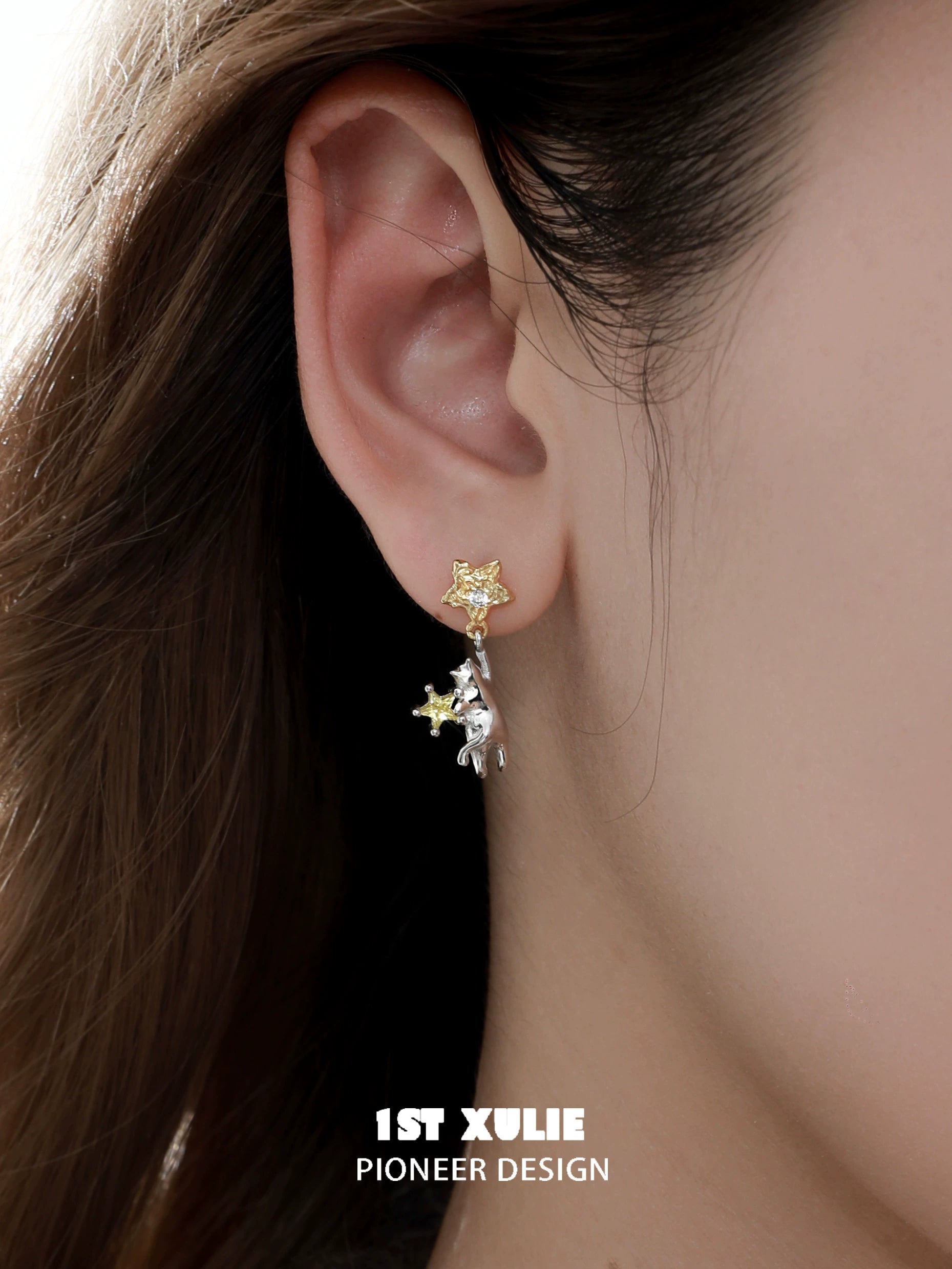 1ST XULIE Cat Star Earrings featuring a playful design with a star and cat charm
