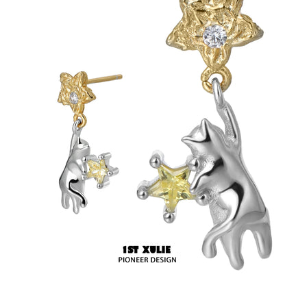 1ST XULIE Cat Star Earrings featuring Playful Cat Design with Gold and Silver Finish