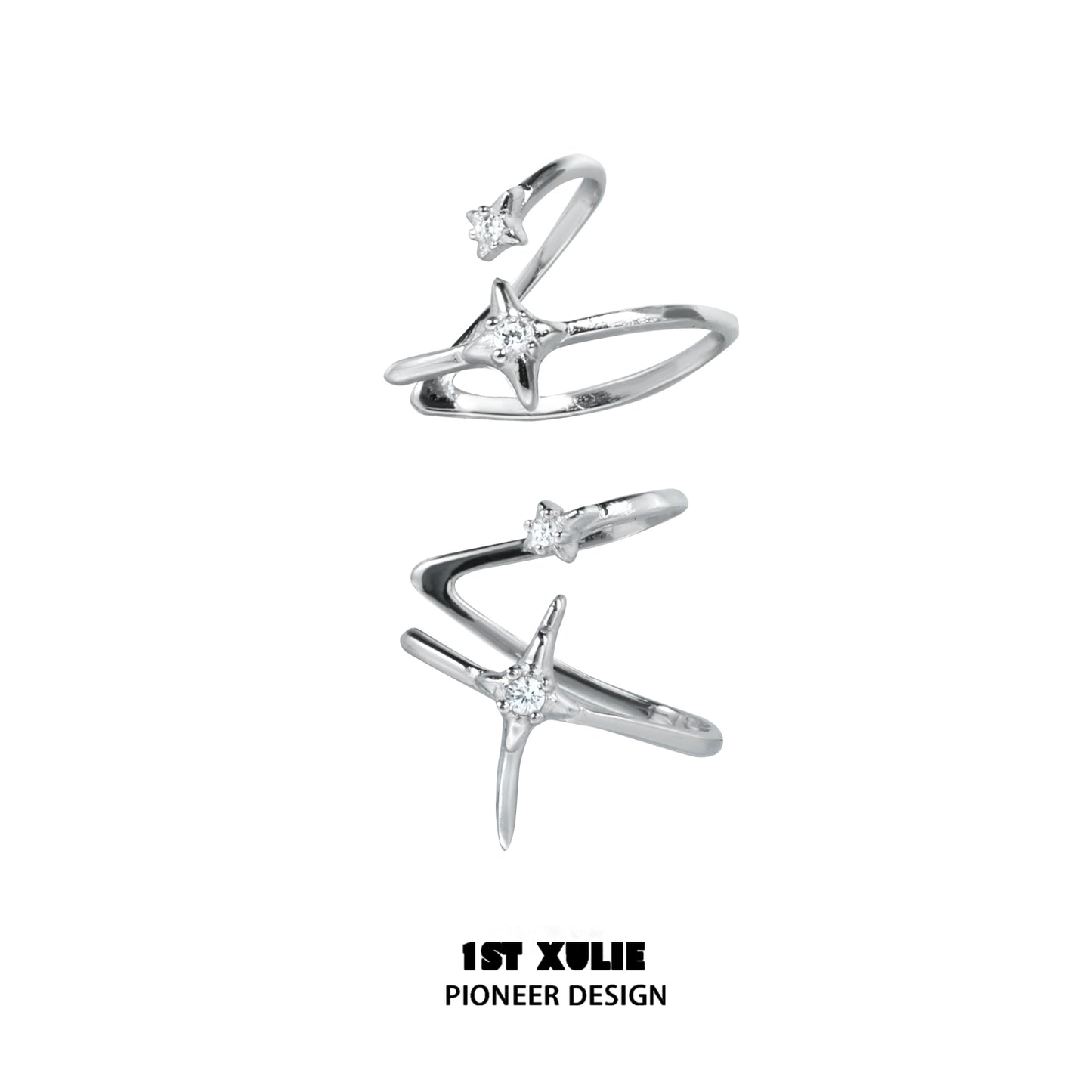 Stylish 1ST XULIE celestial zircon ear cuffs in silver featuring star designs and sparkling accents