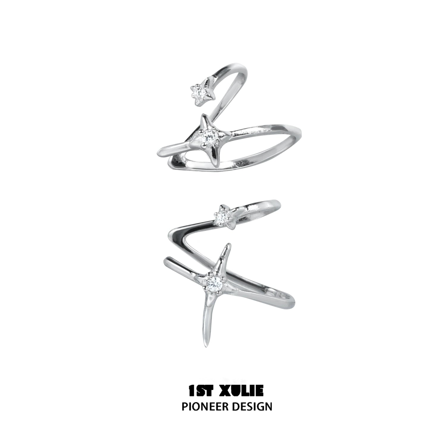 Stylish 1ST XULIE celestial zircon ear cuffs in silver featuring star designs and sparkling accents