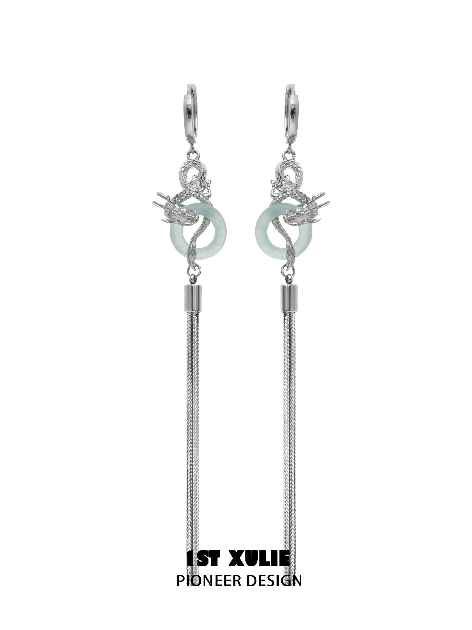 Elegant Chinese dragon tassel earrings featuring silver detailing and a unique design