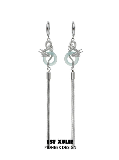 Elegant Chinese dragon tassel earrings featuring silver detailing and a unique design