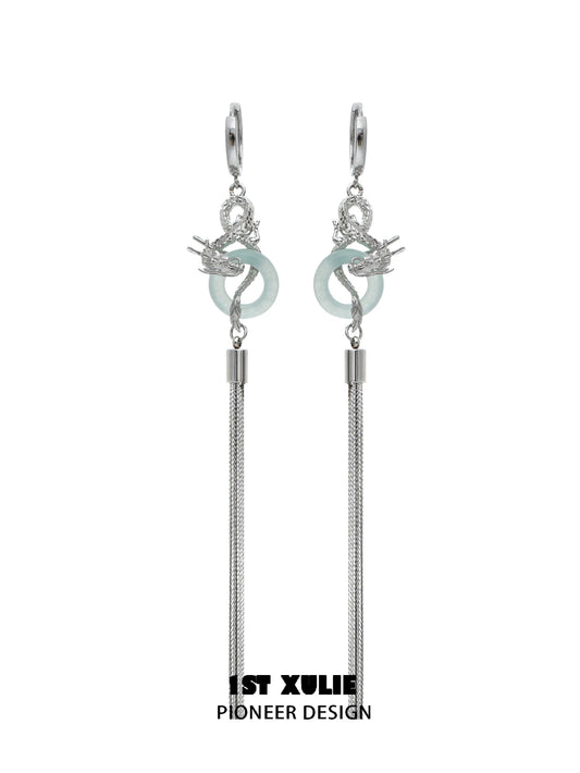 Elegant Chinese dragon tassel earrings featuring silver detailing and a unique design