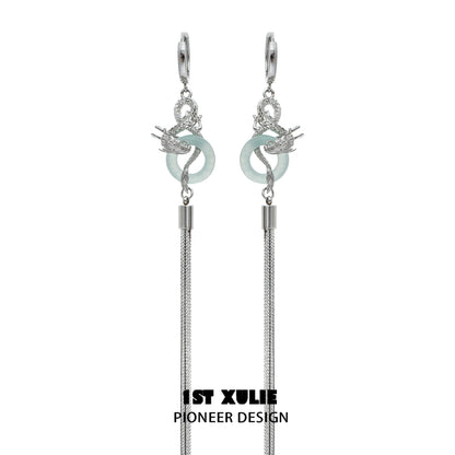 Elegant 1STXULIE Chinese dragon tassel earrings with silver accents and intricate design